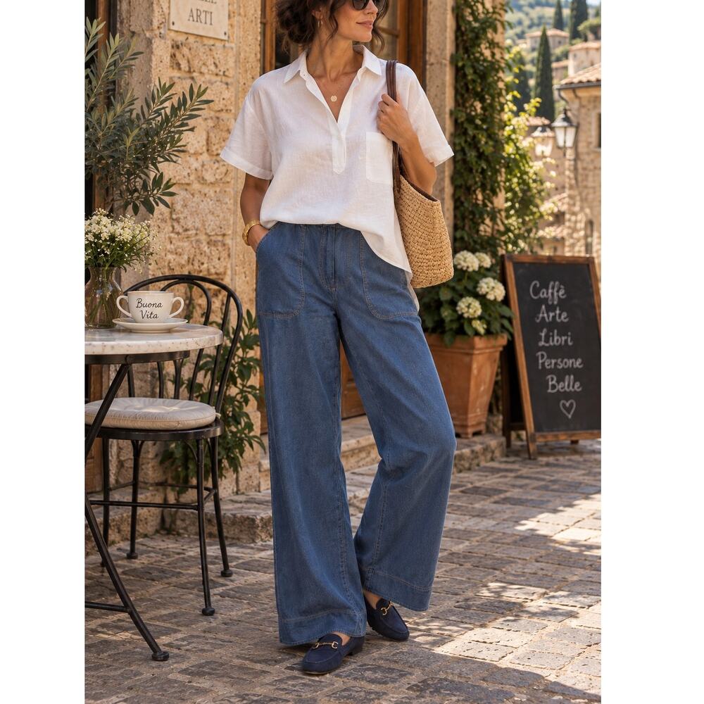 Max Studio London Women’s Small Blue Wide Leg Chambray Pants Elastic Waist